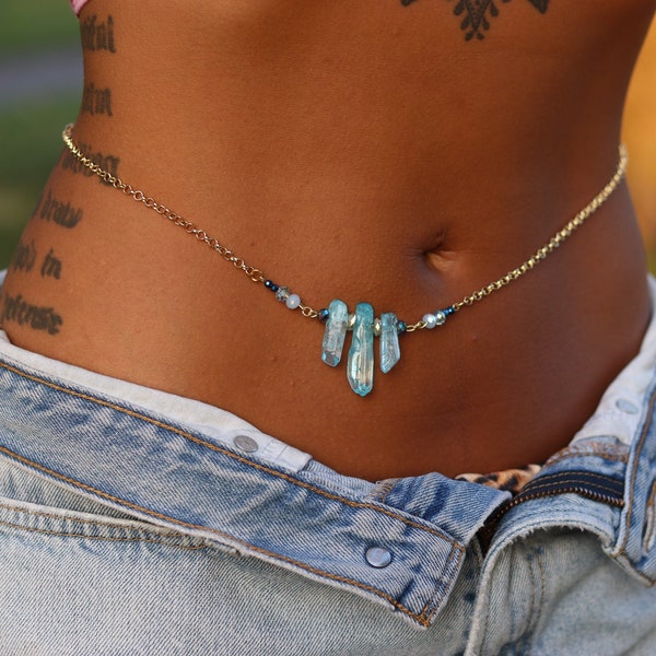 Healing Crystal Aqua Blue Quartz Iridescant Gold Luster Quartz Belly Waist Chain Body Jewelry