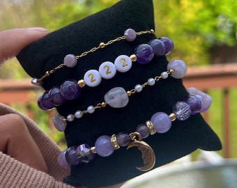 Amethyst Gold Bracelet Set Energy Healing Stress Relief Bracelets Spirituality Moon Angel Number 222 Sobriety Healing