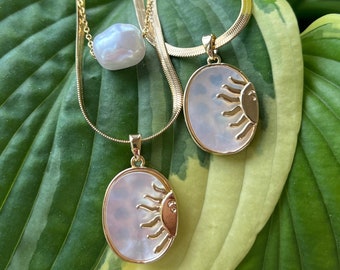 Bohemian Sun Seashell Herringbone Summer Beach Gold Jewelry Shell Abalone Conch Pearl Siren Mermaid Hippie Necklace Chain Gift for Her