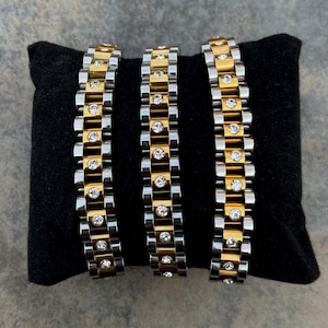 Mixed Metal Two Tone waterproof Stainless steel gold silver rhinestone watch bracelet adjustable gift for her trendy jewelry