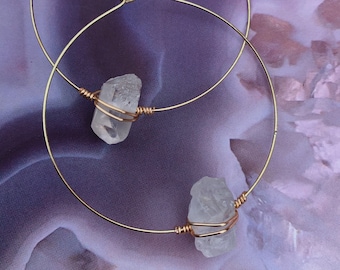 Gold Crystal Hoop Earrings Raw Stone Clear Quartz Earrings Healing Minimalist Jewelry Wire Wrapped Earrings