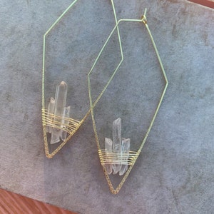 Geometric Raw Crystal Quartz Copper Wire Wrapped Gold Silver Hoops Natural Stone Earrings