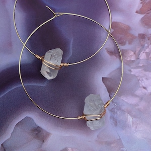 Gold Crystal Hoop Earrings Raw Stone Clear Quartz Earrings Healing Minimalist Jewelry Wire Wrapped Earrings