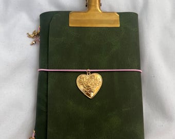 A6 Traveler's Pocket Journal, Mini Green Personalized Trifold Leather Journal, Gold Heart Pink Charms diary, Notebook Planner