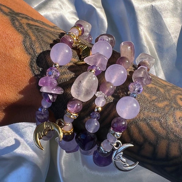 Amethyst Healing Crystal Moon Third Eye Crown Chakra Purple Lavender Spiritual Meditation SelfAnxiety Sobriety Gift Her Beaded Bracelet