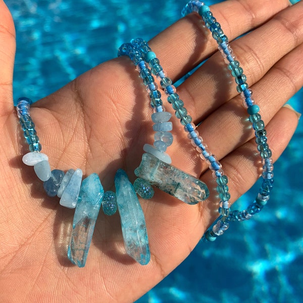 Azure Aqua Baby Blue Quartz Natural Healing Crystal Iridescent Luster Belly Waist Chain Body Beads Jewelry