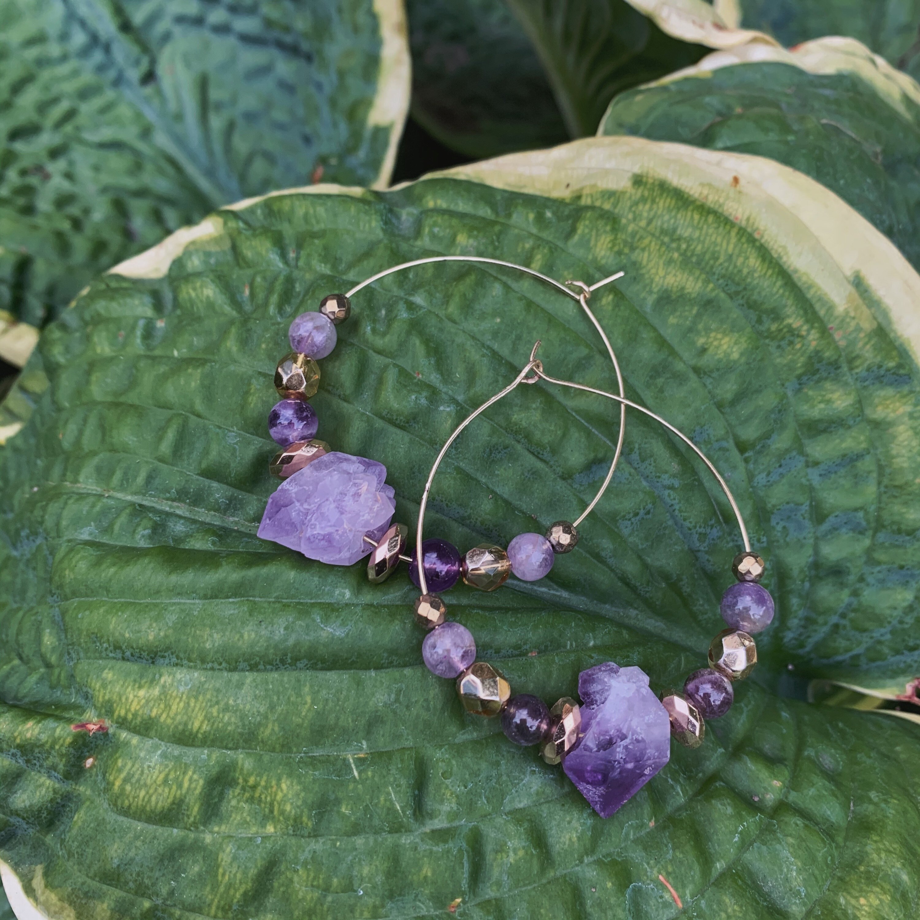 Amethyst Crown Chakra Earrings Third Eye Raw Stone Healing Minimalist Jewelry Wire Wrapped Statement Crystal Hoop Earrings