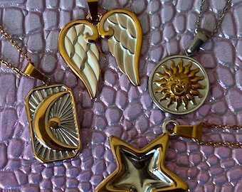 Mixed Metal Waterproof Two Toned Gold Silver Charm Pendant Necklace Celestial Angel Sun Moon Star Minimalist Tarnish free Chain Jewelry Gift
