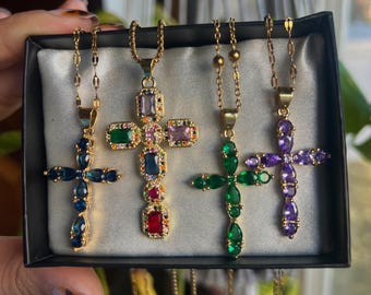 Minimal Divine Gold Cross Necklace Jewel Tone Gothic Celtic Chain Christian Religious Catholic Gift Baptism Jewelry Spirituality