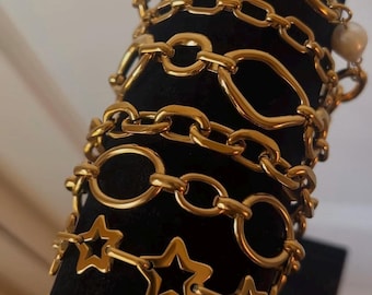 Waterproof Gold Chain Bracelets Mix Stack Pearl Stars Oval Square Links stack Gift for Here
