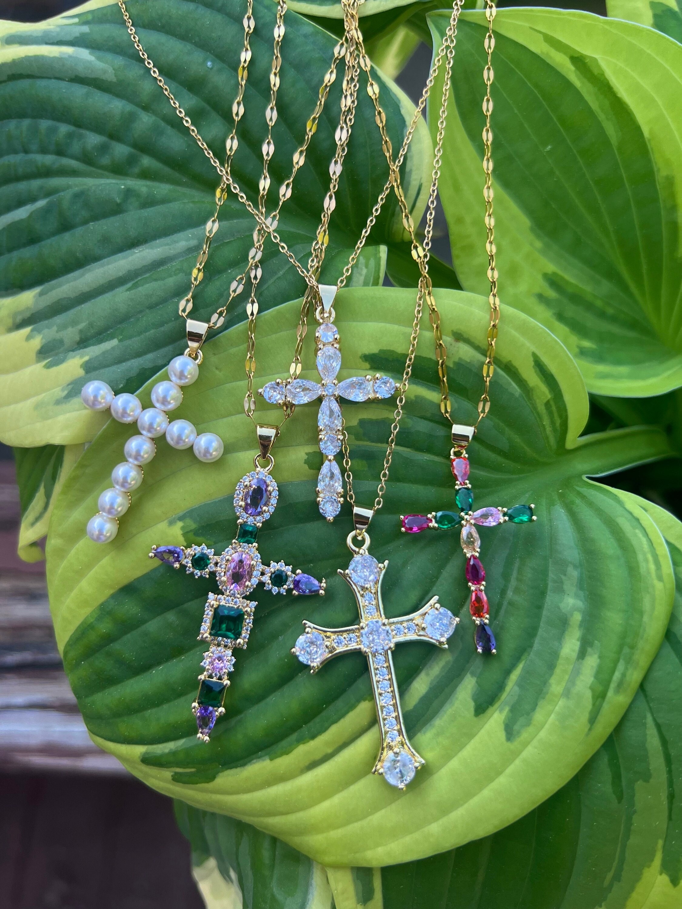 Minimal Divine Gold Cross Necklace Jewel Tone Gothic Celtic Chain Christian Religious Catholic Gift Baptism Jewelry Spirituality
