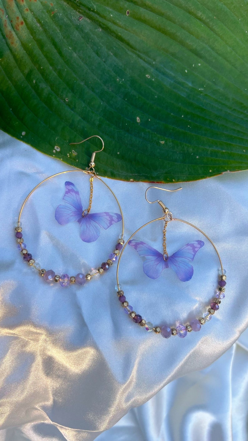 Butterfly Dangle Earrings For Women - Purple & Gold Hoop, Fairy Jewelry Gift - View #4
