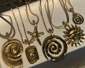 Spiral Ocean Siren core Seashell Starfish Gold Pendant Herringbone waterproof Tarnish resistant Necklace Chain
