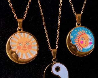 Celestial Charm Pendant Necklace: Gold Sun, Moon, Star, Yin Yang, Spiritual Healing Energy – Tarnish Free Waterproof Jewelry Chain