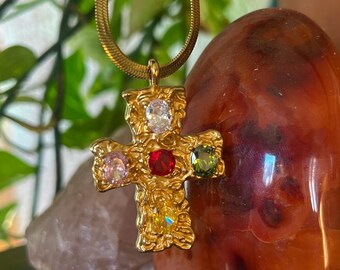 Chunky Divine Jewel Tone Gold Cross Necklace Gothic Celtic Chain Christian Religious Herringbone Gift Baptism Jewelry Spirituality Statement
