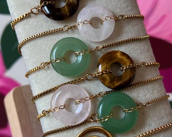 Gold Slider Adjustable Crystal Rose Quartz, Green Aventurine, Tigers Eye Donut Charm Bracelet Spiral Waterproof Tarnish free Jewelry