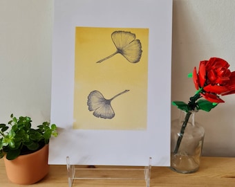 Golden Ginkgo Leaves Duo - Watercolour and Ink - Print