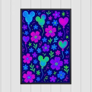 May include: A framed art print featuring a vibrant pattern of flowers, Mickey Mouse-shaped balloons, and heart-shaped balloons in shades of pink, blue, and green on a dark blue background. The artwork has a whimsical, playful style.