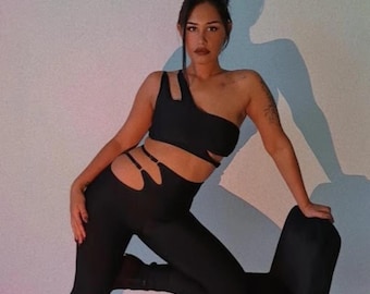 Two Piece Womens Streetwear Outfit | Strappy Crop Top | Slim Fit Pants | Cut Out Crop and Pants | One Shoulder Crop | Womens Clubwear