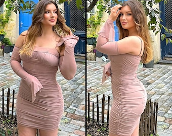 Ruched Mini Dress | Mesh Sleeve Dress | Cold Shoulder Dress | Body Hugging Dress | Bodycon Club Dress | Mini Ruffle Dress