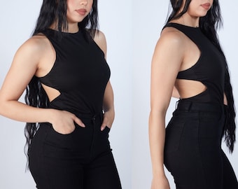 Cut Out Bodysuit | Womens Streetwear Outfit | Open Back Bodysuit | High Cut Bodysuit | Womens Clubwear | Slim Fit Sleeveless Bodysuit