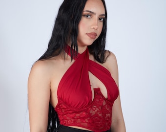 Red Lace Halter Crop Top | Romantic Crop Top | Halter Wrap Top | Flirty Bustier Top | Floral Lace Halter | Sexy Halter Top | Midriff Top