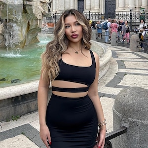 Black Cutout Crop Top l Midi Skirt Sets | Women&#39;s Sets | Slim Fit Dress | Date Night Outfit | Womens Date Night Dress | 2 Piece Skirt Set