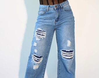 Womens Wide Bottom Jeans | Straight Leg Denim Jeans | Wide Leg Baggy Jeans | Distressed Jeans | High Rise Distressed Pants | Curvy Jeans