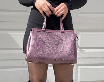 Burgundy 3D Floral Embossed Satchel Handbag l Vegan Leather Purse
