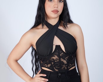 Black Lace Halter Crop Top | Sexy Crossover Tie Back Top | Women's Going Out Clubwear | Black Mesh Lace Crop Top l Wrap Style Neck Tie