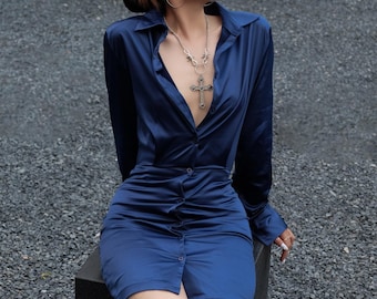 Satin Shirt Mini Dress | Long Sleeve Button Up Dress | Deep V Neck Dress | Mini Shirt Dress | Sexy Date Night Dress | Dinner Date Dress