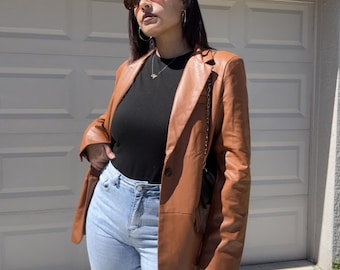Cognac Faux Leather Blazer | Edgy Oversized Vegan Leather Jacket for Women | Brown Streetwear Blazer
