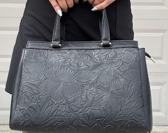 Black 3D Floral Embossed Satchel Handbag l Vegan Leather Purse