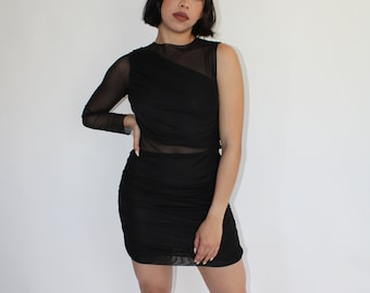 Mesh Evening Mini Dress | One Shoulder Bodycon Dress | Mesh Cocktail Dress | Ruched Mini Dress | Single Sleeve Dress | Black Sheer Dress