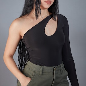 One Shoulder Cut Out Bodysuit | Thong Bodysuit | Asymmetrical Bodysuit | Womens Streetwear Outfit | Womens Clubwear | Sexy Womens Bodysuit