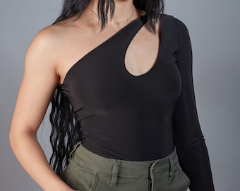 One Shoulder Cut Out Bodysuit | Thong Bodysuit | Asymmetrical Bodysuit | Womens Streetwear Outfit | Womens Clubwear | Sexy Womens Bodysuit