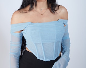 Long Sleeve Corset Crop Top | Mesh Off Shoulder Top | Ruched Bust Top | Bustier Bra Top | Semi Sheer Corset | Bustier Streetwear