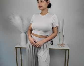 Loungewear Set l Soft Lounge Set for Women l High Waist Wide Leg Pants & Crop Top l Oatmeal Beige 2 Piece Outfit l Cozy Chic Loungewear