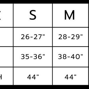 May include: Size chart for clothing with measurements in inches for waist, hips, and length. Sizes include small, medium, and large.