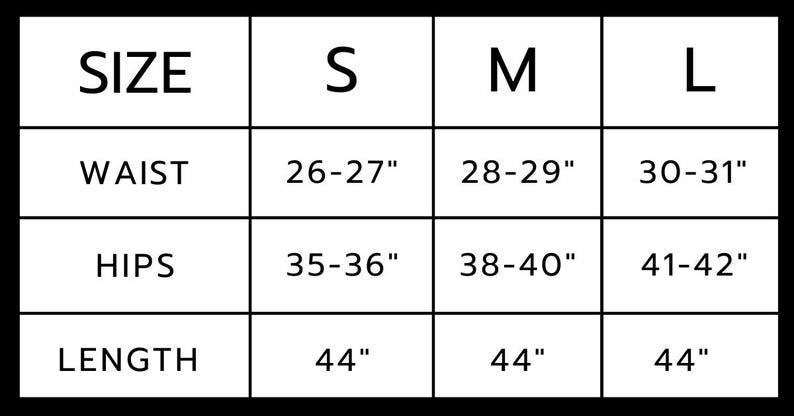 May include: Size chart for clothing with measurements in inches for waist, hips, and length. Sizes include small, medium, and large.