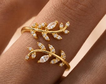 Gold Vine Wrap Ring l Leaf Ring l Cubic Zirconia Open Adjustable Ring l Botanical Statement Ring l Dainty Gold Ring l Gift for Her