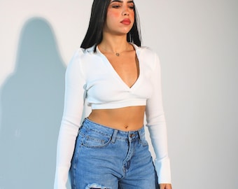 Long Sleeve V Neck Crop Top | Rib Knit Crop Top | Sexy Y2K Shirt | Collared Crop Top | Dressy Crop Top | White Streetwear Crop