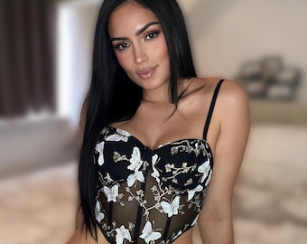 Butterfly Fabric l Lace Corset Top l Floral Lace Top l Sweetheart Corset Crop Top l Adjustable Straps Crop Top l Crop Top l Summer Crop Top