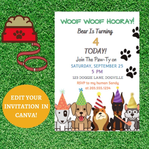 EDITABLE DOG BIRTHDAY Invitation | Download in Minutes and Edit in Canva| Invitation Template | Animals | Puppy Birthday | Doggie Party