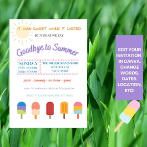 End of Summer Invitation Template | Popsicle | Swimming Party Invite | Digital Download | Canva Editable | Ice Cream | So Long Summer