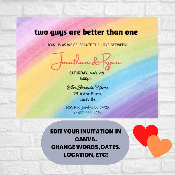 EDITABLE LGBTQ Shower Invitation Template | Modern Invitation | Two Guys Are Better |  Two Grooms  | Gay Wedding | Jack and Jack Party