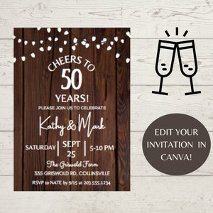 EDITABLE ANNIVERSARY PARTY Invitation | Template |  Customize | Instant Download | Anniversary Invitation Digital | Simple | Rustic |Lights