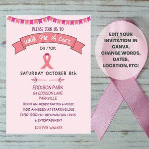 EDITABLE WALK for a CURE Fundraiser Template Invitation  | Instant Download | Breast Cancer Awareness Month  | Canva |  Charity Event |