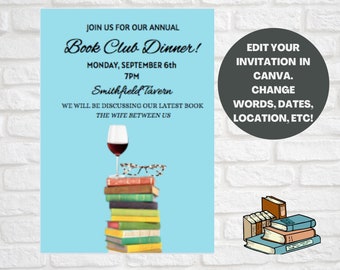 Book Club Party Invitation Template Flowers and Books Book - Etsy