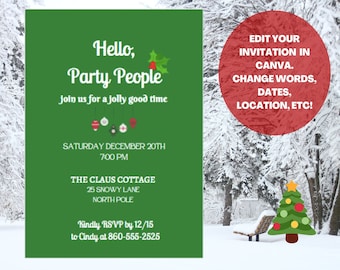 EDITABLE CHRISTMAS Party Invitation Template | Hello Party People | Customize | Instant Download | Canva |  Xmas | Holiday  | Open House